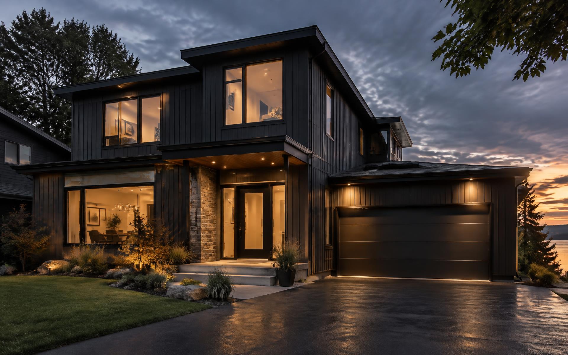 Modern home exterior with dark siding and black aluminum soffit and fascia at dusk